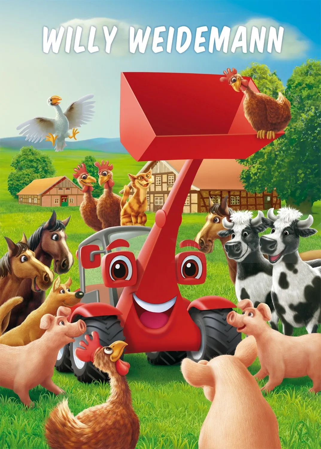 Smiling red tractor with farm animals in a bright rural setting by Kai Klimiont