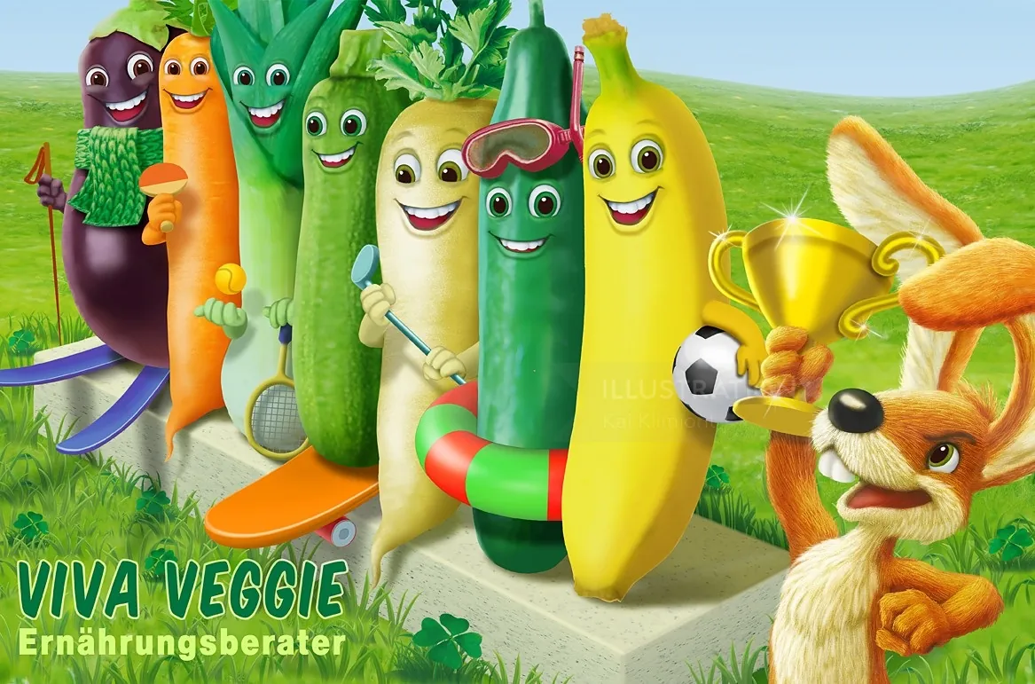 Colorful animated fruits and vegetables with happy faces by Kai Klimiont