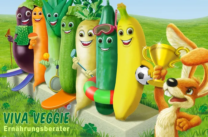 Colorful animated fruits and vegetables with happy faces by Kai Klimiont