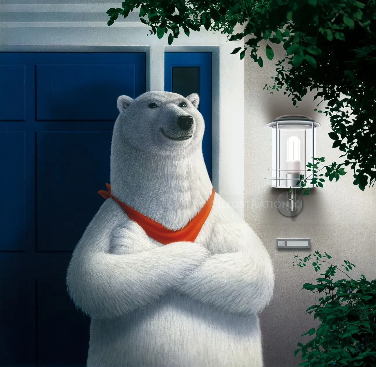 Confident polar bear wearing a red scarf standing near a blue door by Kai Klimiont