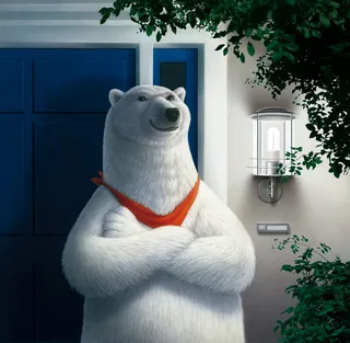 Confident polar bear wearing a red scarf standing near a blue door by Kai Klimiont