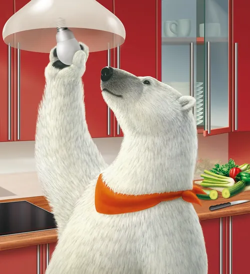 Polar bear holding a light bulb in a red kitchen by Kai Klimiont