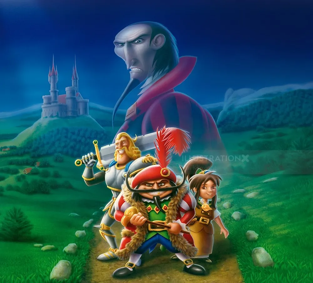 Fantasy adventurers with castle and looming figure in the background by Kai Klimiont