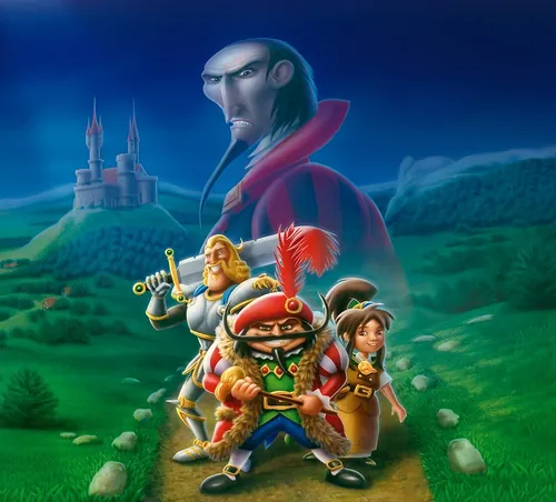 Fantasy adventurers with castle and looming figure in the background by Kai Klimiont