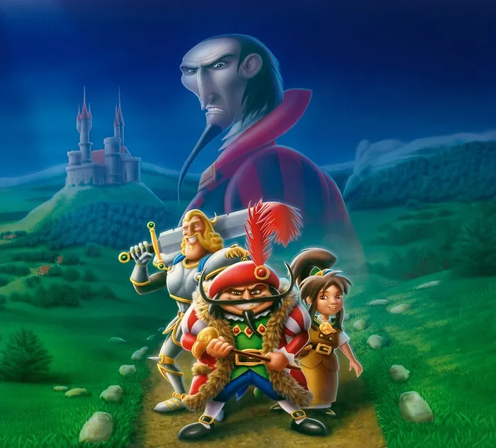 Fantasy adventurers with castle and looming figure in the background by Kai Klimiont