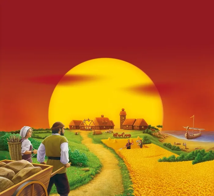 Medieval coastal village with workers and boats at sunset by Kai Klimiont