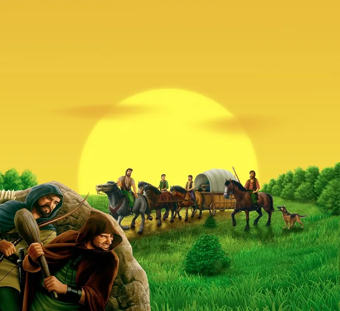 Pioneers traveling with covered wagon at sunset by Kai Klimiont