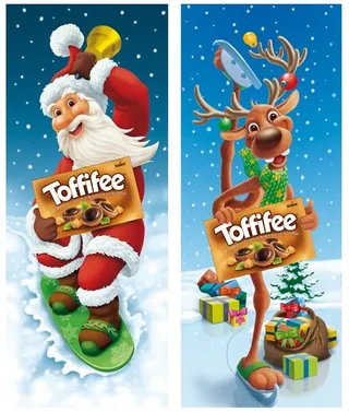 Santa Claus and reindeer holding Toffifee candy boxes in snow scenes by Kai Klimiont