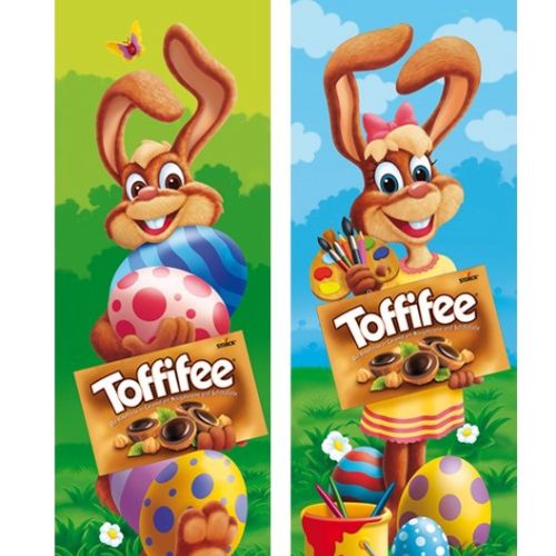Easter bunnies holding Toffifee chocolate boxes by Kai Klimiont
