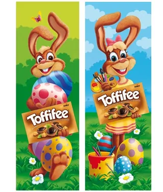 Easter bunnies holding Toffifee chocolate boxes by Kai Klimiont