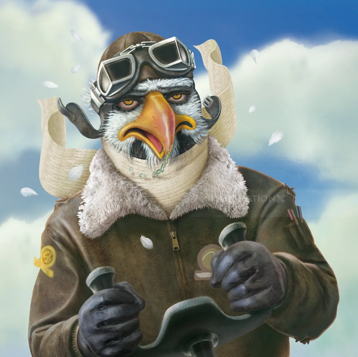 Anthropomorphic bird pilot with goggles and winter coat by Kai Klimiont