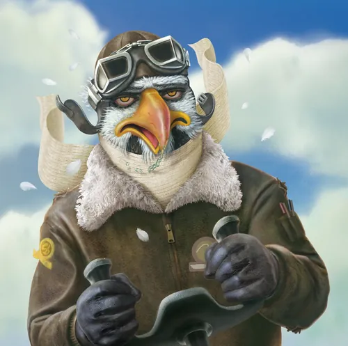 Anthropomorphic bird pilot with goggles and winter coat by Kai Klimiont