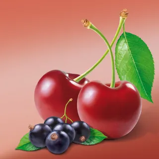 Red cherries and blackcurrants with leaves on a soft background by Kai Klimiont