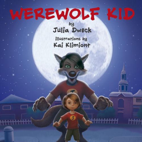 Boy in red shirt with werewolf behind, full moon and school in background by Kai Klimiont