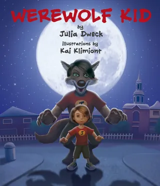 Boy in red shirt with werewolf behind, full moon and school in background by Kai Klimiont