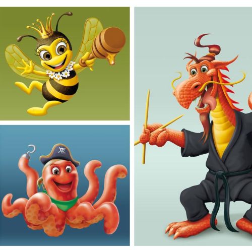 Three cartoon characters: bee with crown, pirate octopus, karate dragon by Kai Klimiont