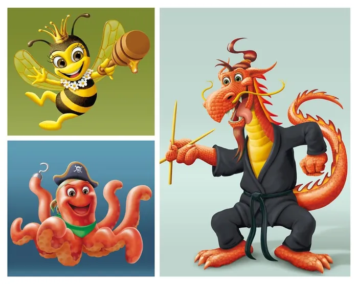 Three cartoon characters: bee with crown, pirate octopus, karate dragon by Kai Klimiont