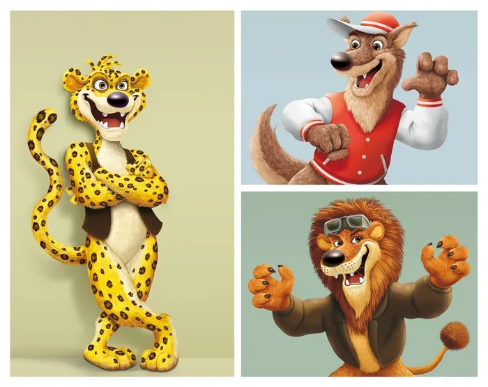 Three cartoon big cat characters by Kai Klimiont in varied costumes and poses