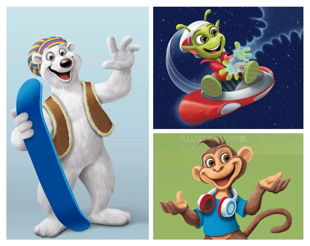 Cartoon polar bear, alien, and monkey characters by Kai Klimiont