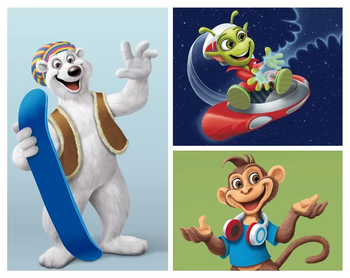 Cartoon polar bear, alien, and monkey characters by Kai Klimiont