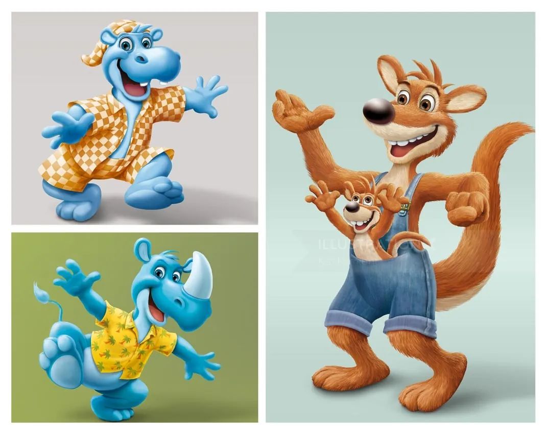 Cartoon blue hippos and kangaroo characters by Kai Klimiont