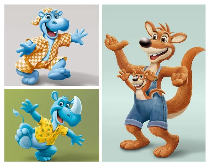 Cartoon blue hippos and kangaroo characters by Kai Klimiont