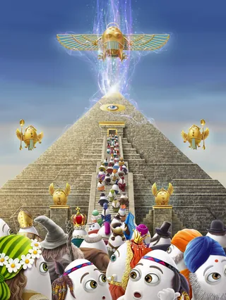 Animated characters climbing a glowing pyramid with winged eye symbol by Kai Klimiont