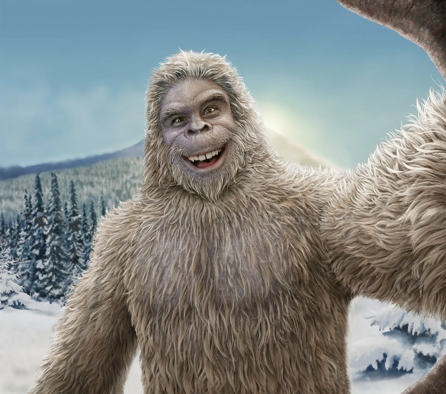 Smiling Yeti with white fur takes selfie in snowy forest by Kai Klimiont