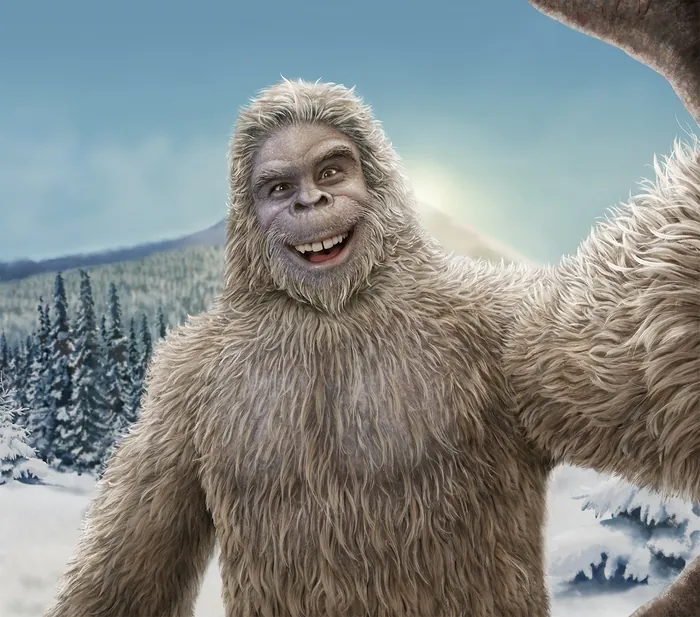 Smiling Yeti with white fur takes selfie in snowy forest by Kai Klimiont