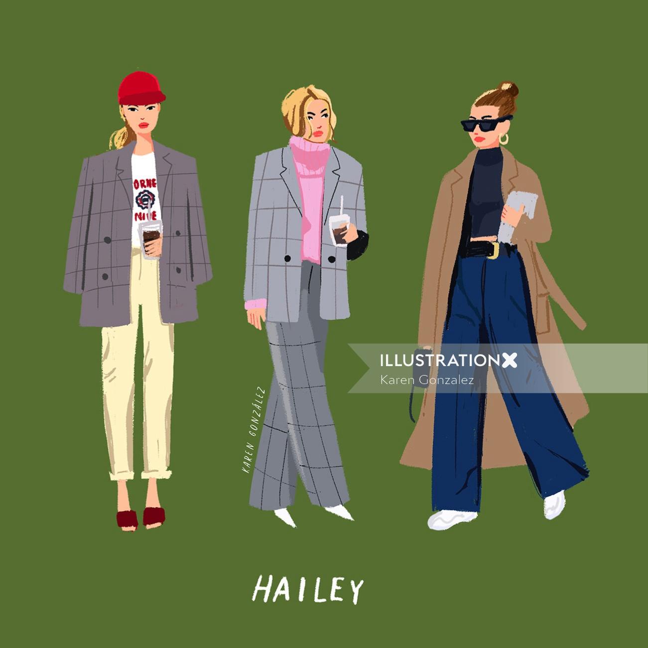 Illustration of Hailey fashion outfits
