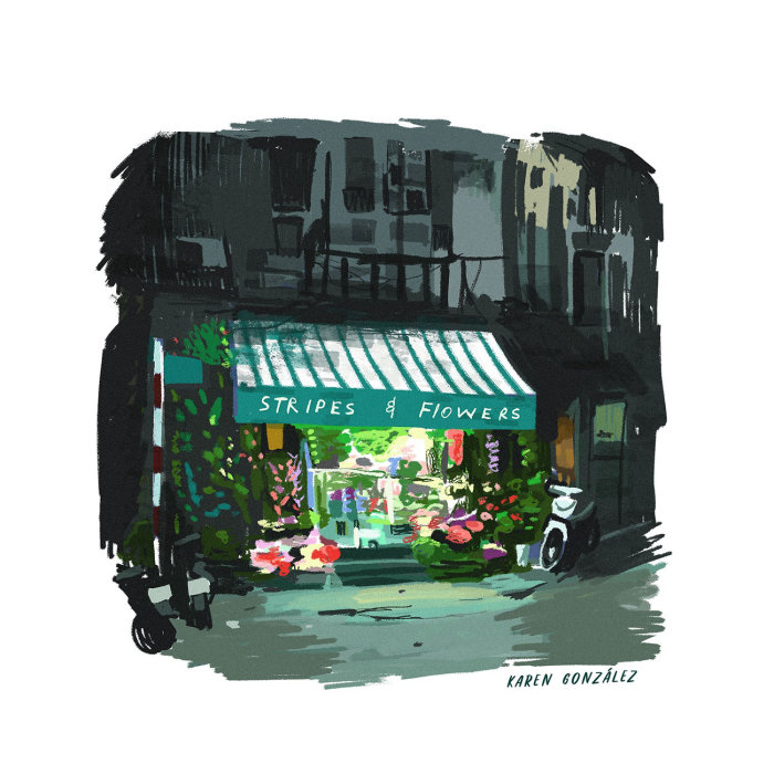 Peinture à rayures et fleuriste