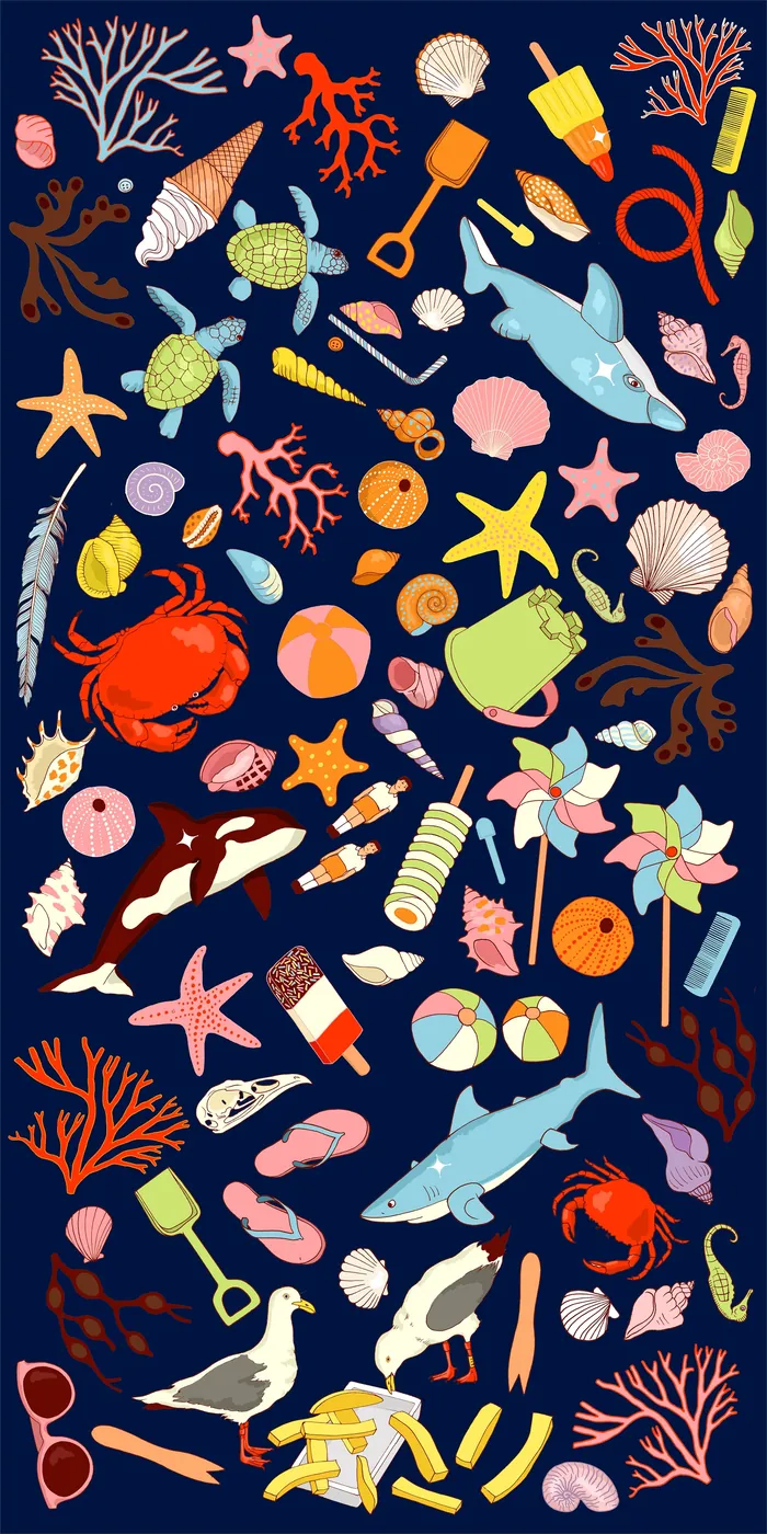 Colorful marine animals and beach objects illustration by Karen Mabon