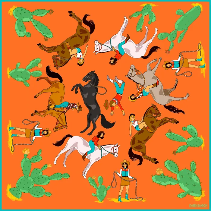 Colorful cowboys and horses with cacti on orange background by Karen Mabon