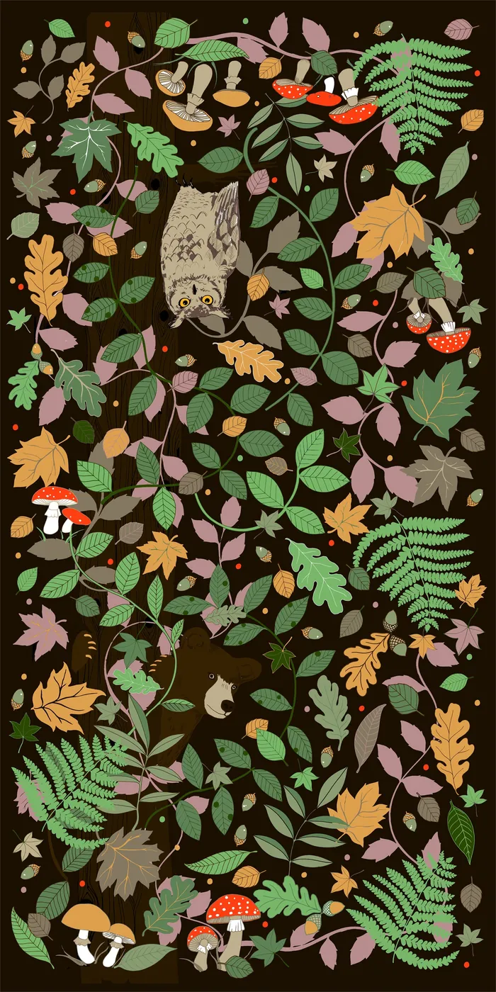 Illustration of a hedgehog surrounded by autumn leaves and mushrooms by Karen Mabon