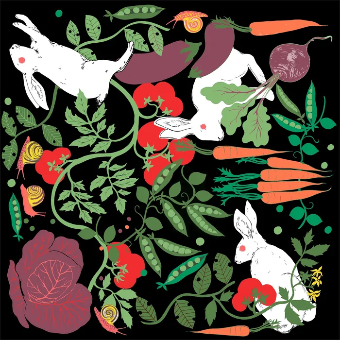 Rabbits with carrots, tomatoes, radishes, and leaves illustration by Karen Mabon