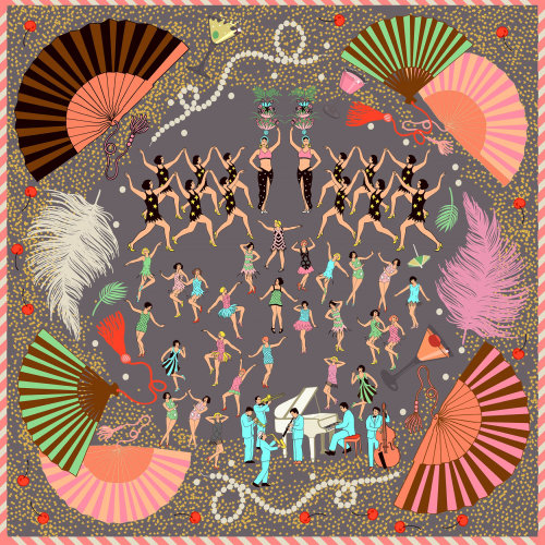 Illustration of Bevy of beautiful dancers, singers and musicians on a silk scarf