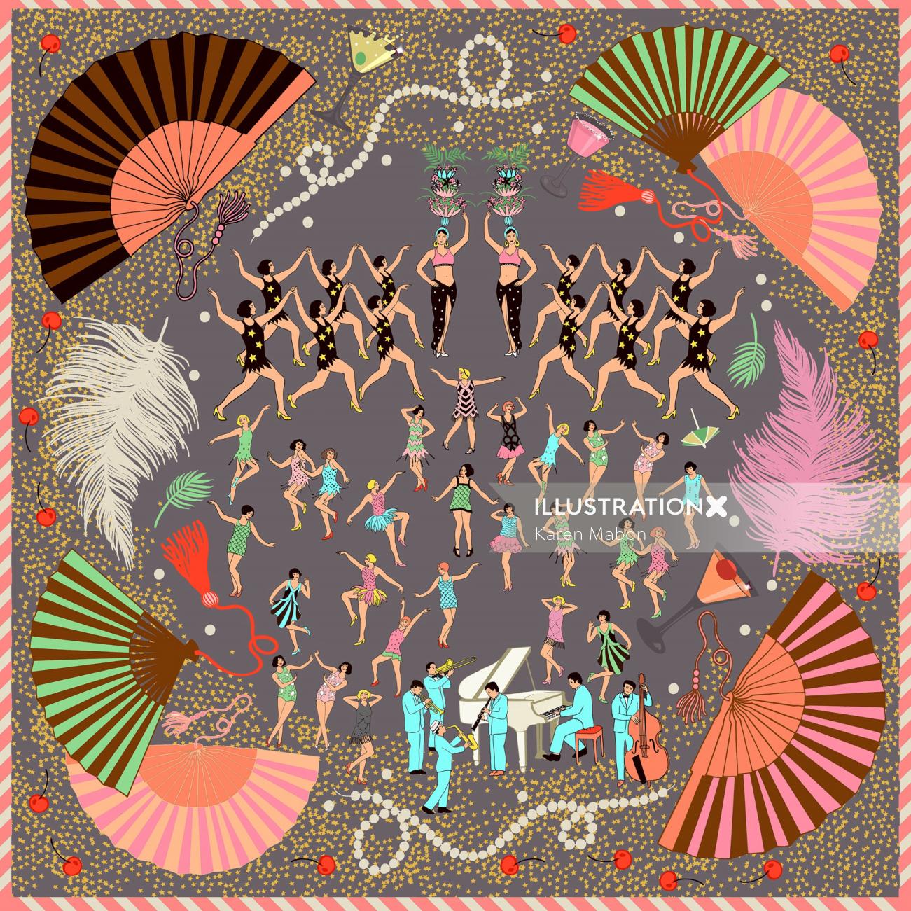 Illustration of Bevy of beautiful dancers, singers and musicians on a silk scarf