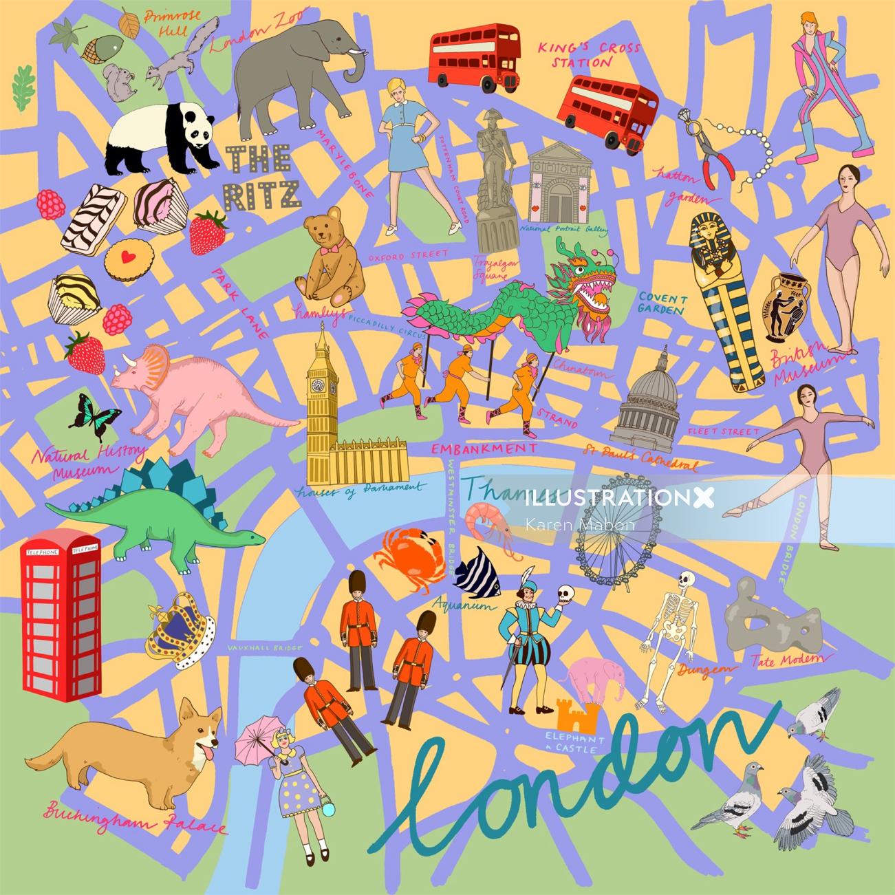 Lenço da ilustração das ruas de Londres por karen mabon para a National Portrait Gallery Shop