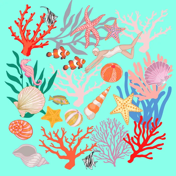 Underwater scene with coral, starfish, clownfish, seashells, and diver by Karen Mabon