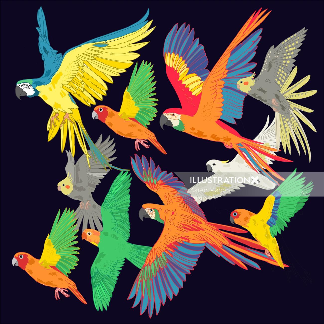 Uma ilustração de um bando de papagaios de arara