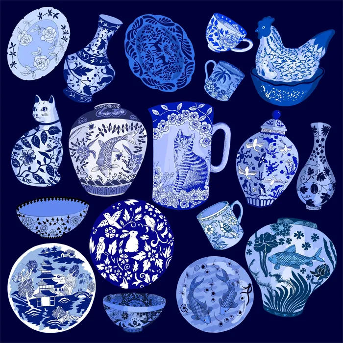 Blue and white ceramic pottery collection by Karen Mabon with various intricate designs