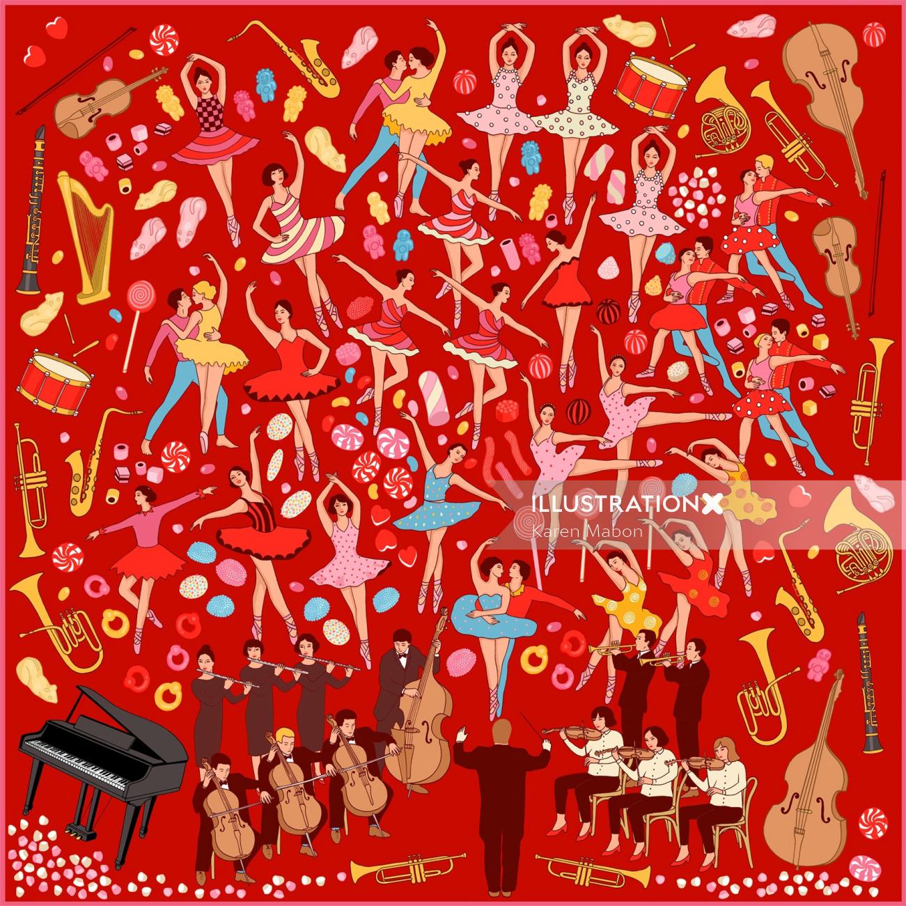 Women's Red 'night At The Theater' Print Silk Scarf