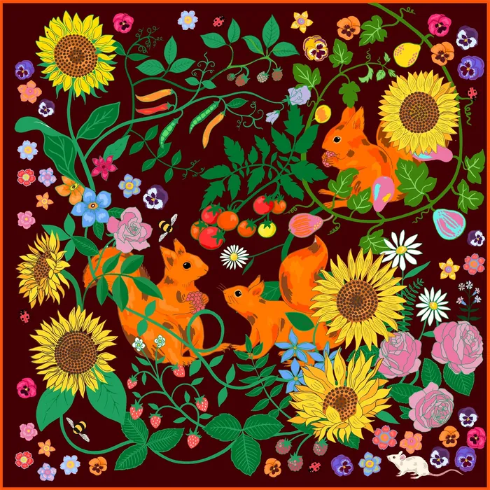 Bright floral pattern with orange squirrels and sunflowers by Karen Mabon