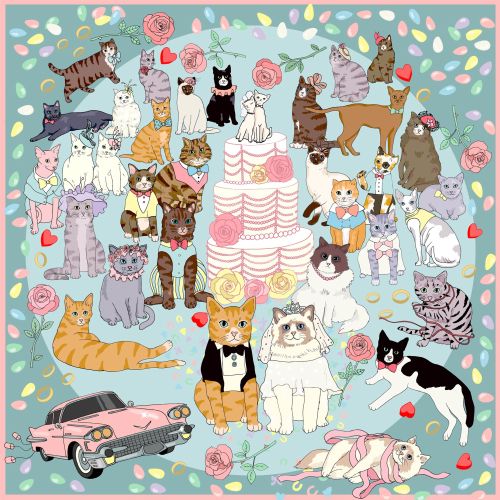Whimsical illustration of cats and dogs with wedding cake and vintage car by Karen Mabon