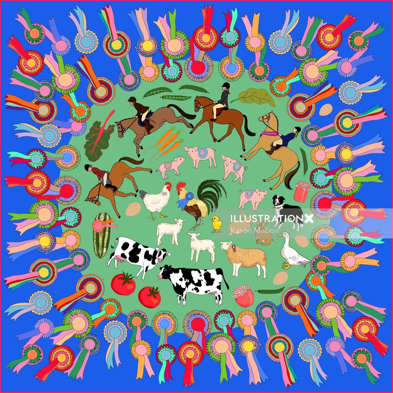 Silk scarf with Horses, piglets, prize tomatoes, ducks and massive marrow.