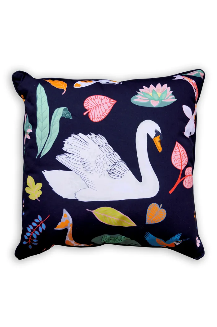 White swan and leaves decorative pillow by Karen Mabon