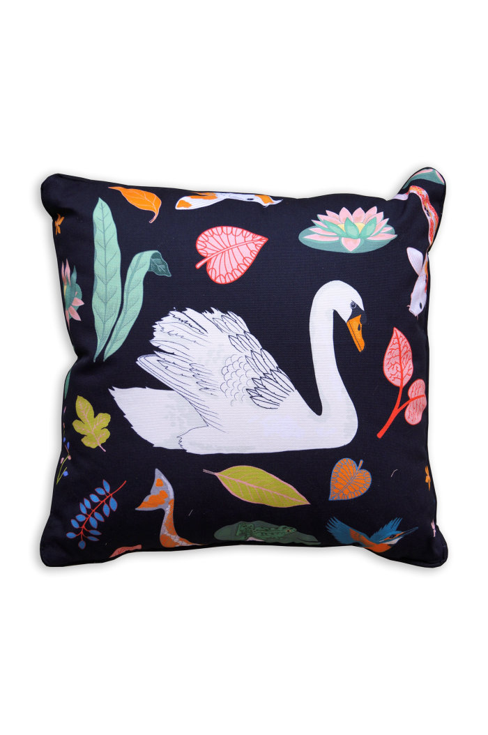 Printed swan's design on cushion by Karen Mabon