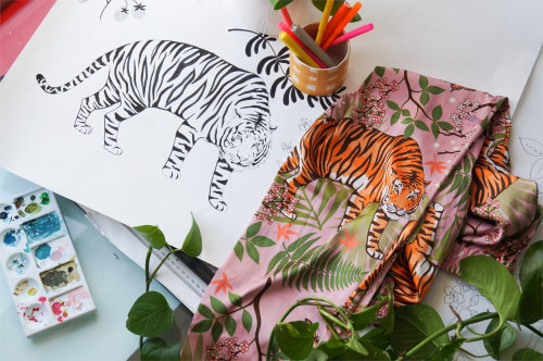 Tiger blossoms silk pyjamas print next to original drawing