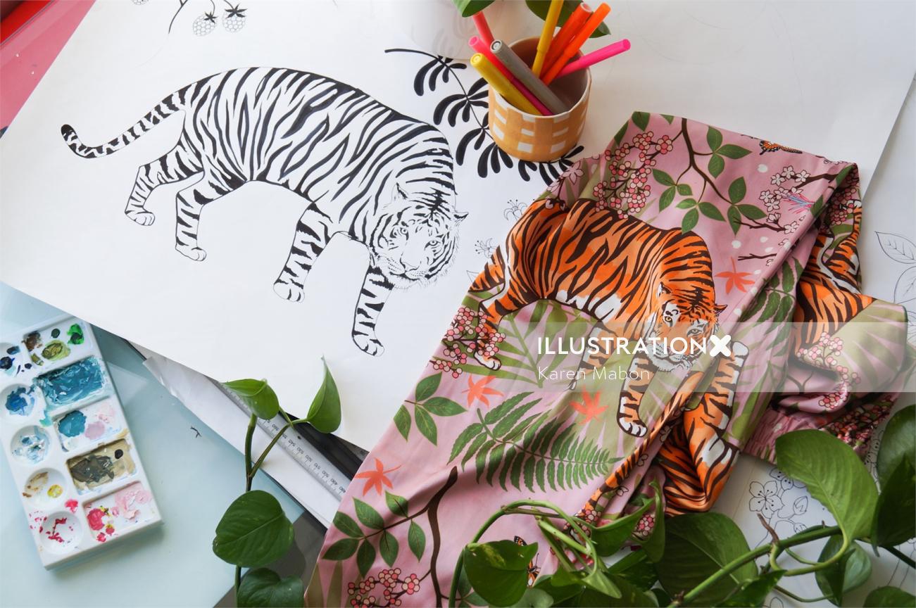 Tiger blossoms silk pyjamas print next to original drawing