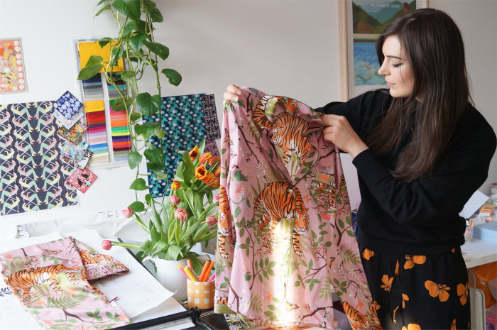 Karen Mabon displaying Tiger blossoms silk pyjamas